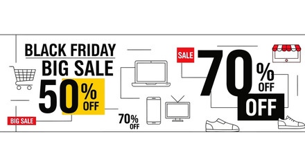 Black Friday Big Sale Banner: a graphical composition of shopping cart, computer, smartphone, television, shoes indicating a discount up to 70%.