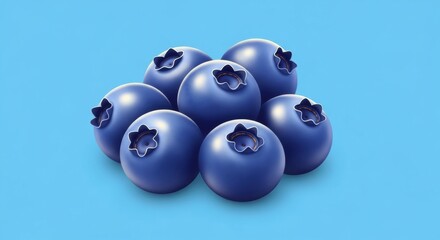 Group of large fresh blueberries piled together on a light blue background with 3D rendered style clean lighting and soft shadows