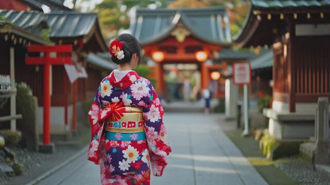 A woman in a beautiful traditional Japanese kimono walks gracefully through a serene historic shrine, capturing the essence of cultural travel and ancient Japanese heritage amidst serene architecture.
