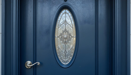 Isolated Dark Blue Entrance Door with Oval Glass Panel