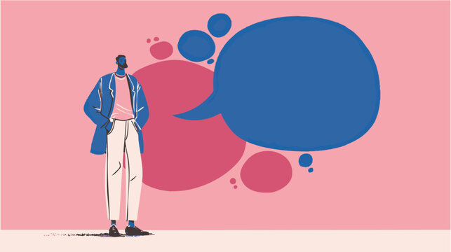 Business figure standing beside oversized speech bubble for communication, dialogue and marketing visuals