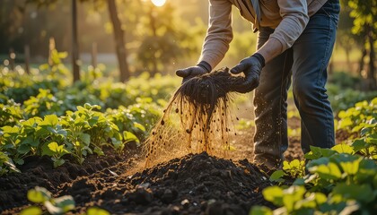 A farmer sifting soil in a field with green plants and trees under a bright sunlight in the background