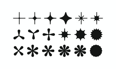 Modern brutalist and abstract geometric vector shapes set for contemporary graphic design. Includes stars, crosses, and floral elements
