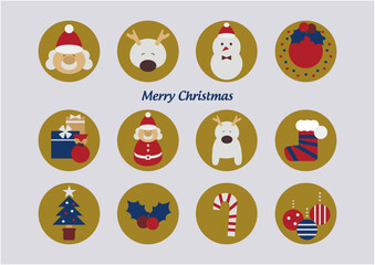 クリスマスシンボル　可愛いサンタクロースや雪だるまのアイコンラベルのセット