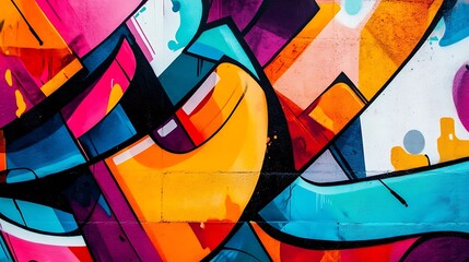 A vibrant graffiti wall with abstract art, colorful shapes, and urban vibes