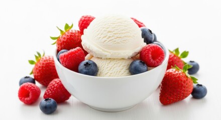 White bowl of vanilla ice cream scoops topped with fresh raspberries blueberries and strawberries on white table