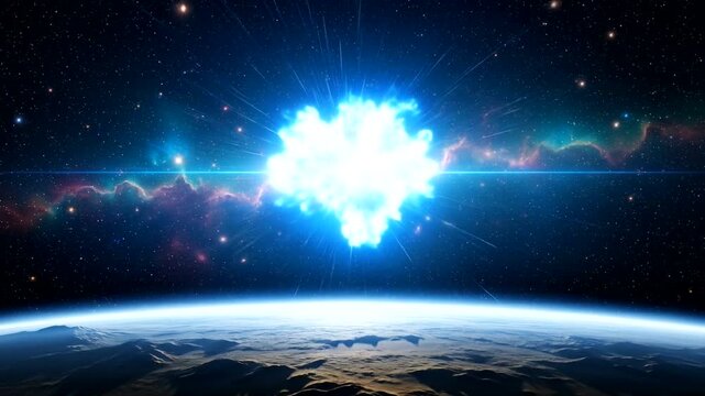 A stunning cosmic explosion illuminates the night sky above a distant planet's surface