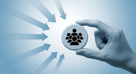 Hand holding a wooden disc with a group of people icon on a blue background