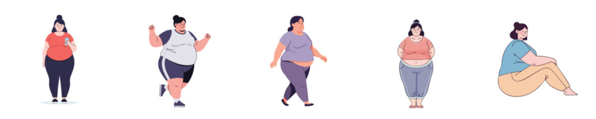 Body Positive Modern Flat Design Vector Set Of Diverse Overweight Women Standing Walking And Sitting Concept