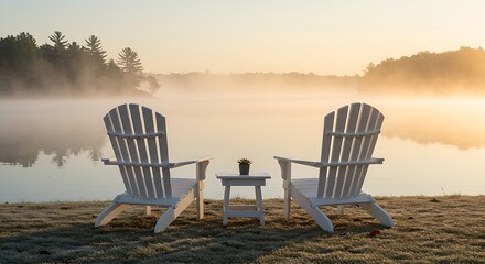 a pair of empty, simple white adirondack chairs facing a calm, misty lake. The sun is just rising, casting a soft, golden glow.
