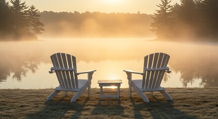 Fototapeta premium a pair of empty, simple white adirondack chairs facing a calm, misty lake. The sun is just rising, casting a soft, golden glow.