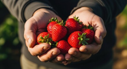 Farmer hands holding a handful of fresh ripe red strawberries in a garden setting