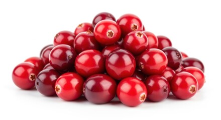 Mound of organic red cranberries isolated on white background showing shiny fresh texture