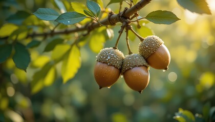 A close up of acorns hanging from a branch with water droplets and leaves in the background light
