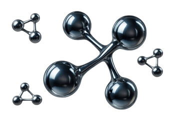 Chrome molecular structure representing science, chemistry, genetics, and biotechnology on a transparent background