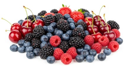 Heap of assorted fresh fruits and berries isolated on white background featuring cherries and strawberries