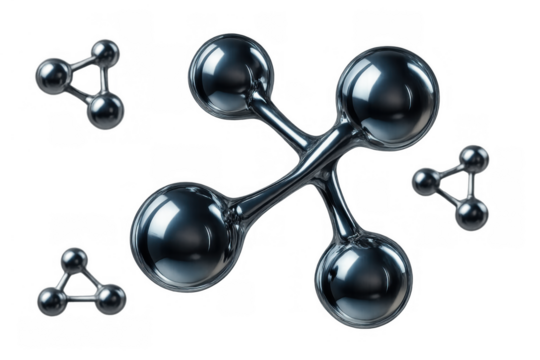 Chrome molecular structure representing science, chemistry, genetics, and biotechnology on a transparent background