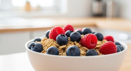Bowl of healthy granola breakfast cereal topped with fresh blueberries and raspberries on white