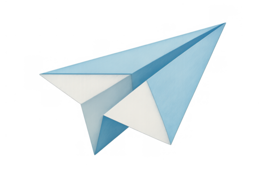 Blue paper airplane flying, symbolizing communication, travel, freedom, and new ideas on transparent background - Powered by Adobe