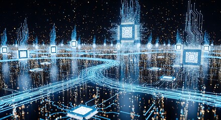 Futuristic digital landscape featuring interconnected microchips and glowing data streams, illustrating the flow of information in a technological network