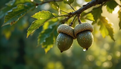 Close up of two acorns hanging on a branch with water droplets in a blurry green background scene