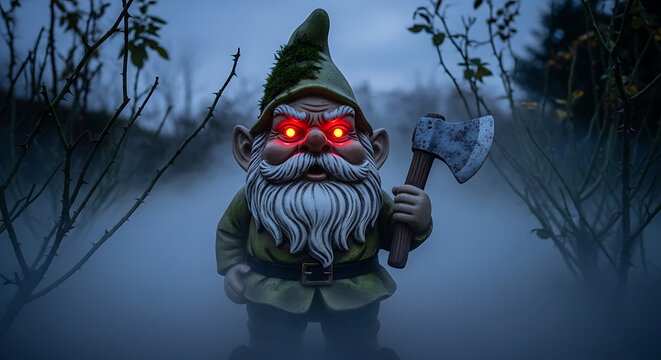 Charming unsettling gnome red eyes tiny axe foggy garden