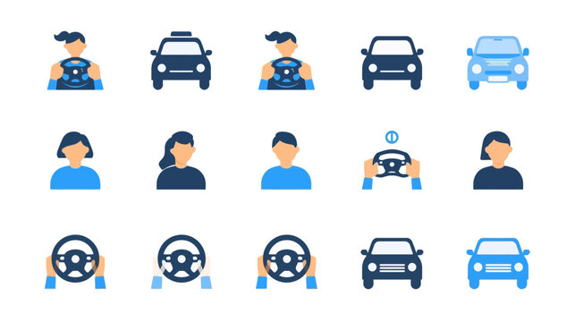 Collection of car and driver icons in blue.