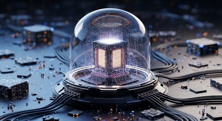 A futuristic quantum computer processor under a glass dome, showcasing advanced technology and complex circuitry for data processing and artificial intelligence