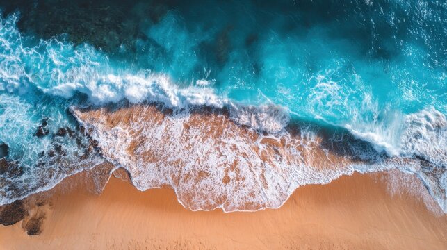 Vibrant waves roll onto a golden sandy beach, meeting rocky outcrops. The brilliant blue water contrasts beautifully with the shoreline under a clear sky.