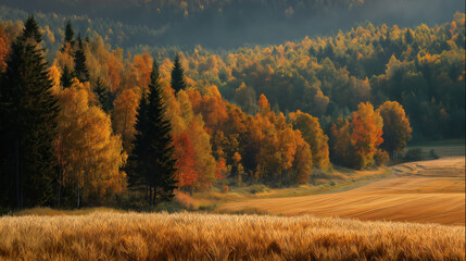 Autumn Golden Wheat Field and Colorful Woods Pastoral Scenery, Ideal for Nature Theme Design Wallpapers Posters