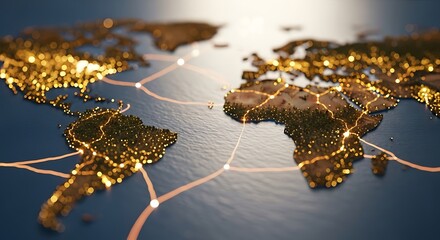 A glowing world map showing the continents of south america, africa, and europe connected by lines, symbolizing global connectivity and networks