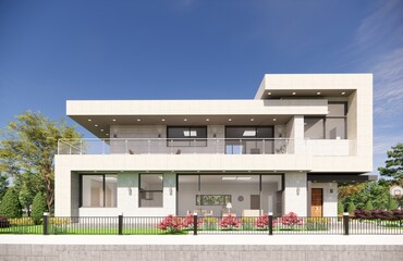 3D architectural rendering of a modern two-story house set within a spacious, landscaped park-like environment. The design features clean, geometric lines and a minimalist aesthetic