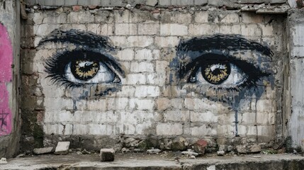 Street art features a detailed depiction of large eyes on a crumbling wall. The mural showcases intricate colors and textures, reflecting a vibrant urban culture.
