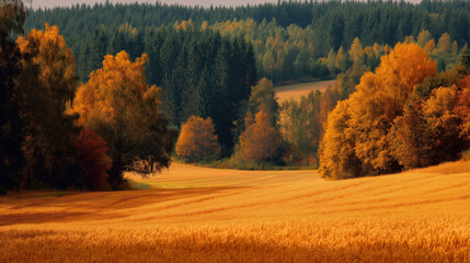 Autumn Golden Wheat Field and Colorful Woods Pastoral Scenery with Winding Path and Mountains, for Design Wallpapers