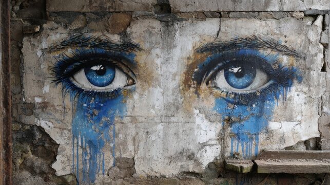 A stunning mural displaying expressive blue eyes with blue tears, set against a textured, weathered wall. The artwork captures deep emotions and invites reflection.