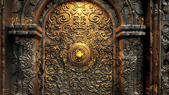 Mysterious Ancient Temple Doorway with Intricate Gold Pattern and Stone Pillars Texture Animated
