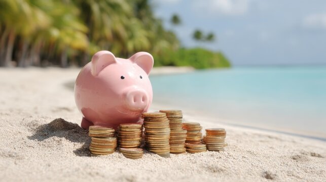 A cheerful pink piggy bank sits on soft sand, surrounded by stacks of coins. The sun shines brightly above, and clear blue water laps gently at the shore, creating a peaceful tropical scene.