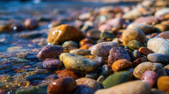 Smooth, colorful pebbles are scattered along the shoreline by clear water. Sunlight reflects on the surface, creating a serene atmosphere perfect for relaxation.
