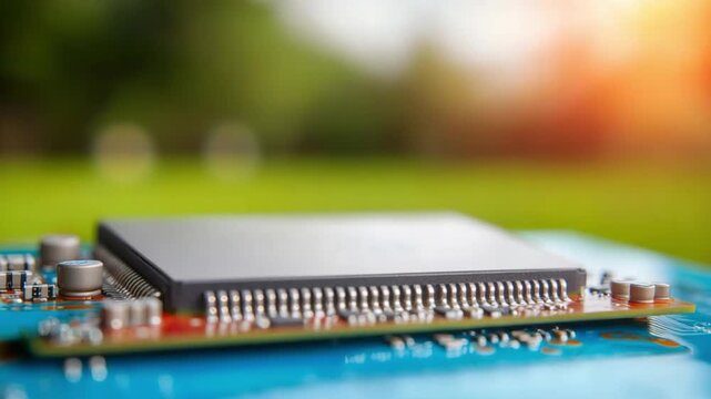 Digital Circuit on Nature's Stage: A detailed view of a computer chip board set against a backdrop of a blurred meadow, symbolizing technology's integration with the natural world.