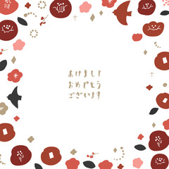 正月の椿イラストフレーム。年賀状用和風植物フレーム。椿と植物の北欧風。