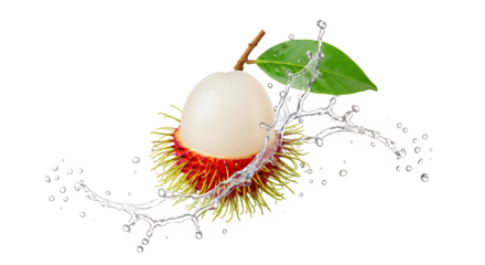 A fresh tropical rambutan fruit with a vibrant green leaf, captured mid-splash with clear water, isolated on a white background