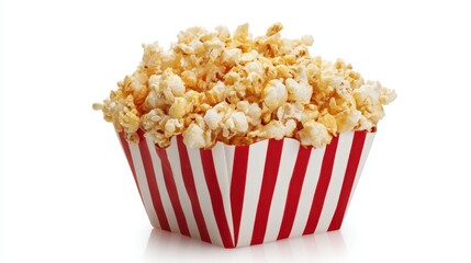Delicious, fluffy popcorn fills a red and white striped box, perfect for enjoying during a movie night. This treat adds excitement to any film experience.
