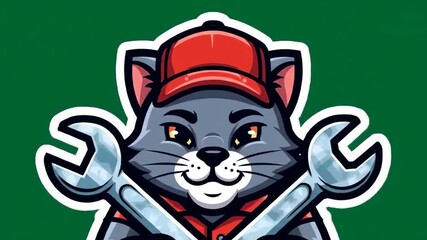 Cute Cat Mechanic Mascot Logo Design with Wrenches on Green Background.