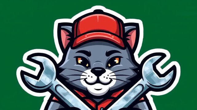 Cute Cat Mechanic Mascot Logo Design with Wrenches on Green Background.