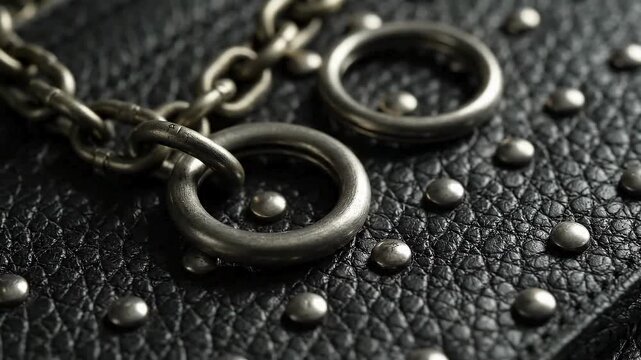 Dynamic close up of studded black leather with silver chain detail, a modern edgy texture that moves with style, perfect for fashion or creative projects