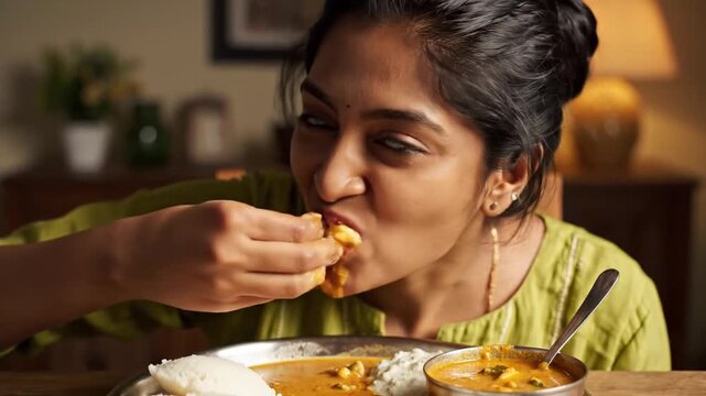 Young Woman Eating South Indian Dish With Hand, Wearing Green Kurti in Indoor Setting with Warm Lighting, Focus on Delicious Meal and Cultural Experience