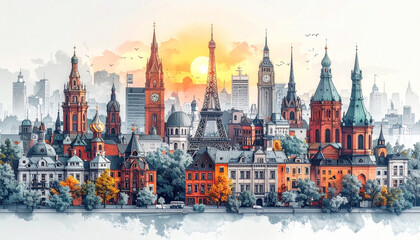Obraz premium Soft Pencil Doodles of City Landmarks for Tourism Map