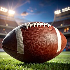 American football resting on green grass in a stadium, under bright lights and a partly cloudy sky