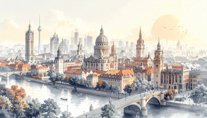 Obraz premium Soft Pencil Doodles of City Landmarks for Tourism Map