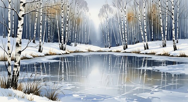 A watercolor painting of birch trees reflected in frozen water in a snowy winter landscape scene